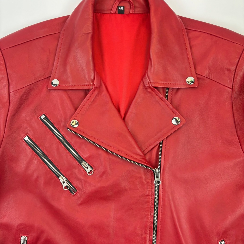 Retro Women XL Red Moto Jacket Leather Asymmetric Zip Belted Biker Grunge Street